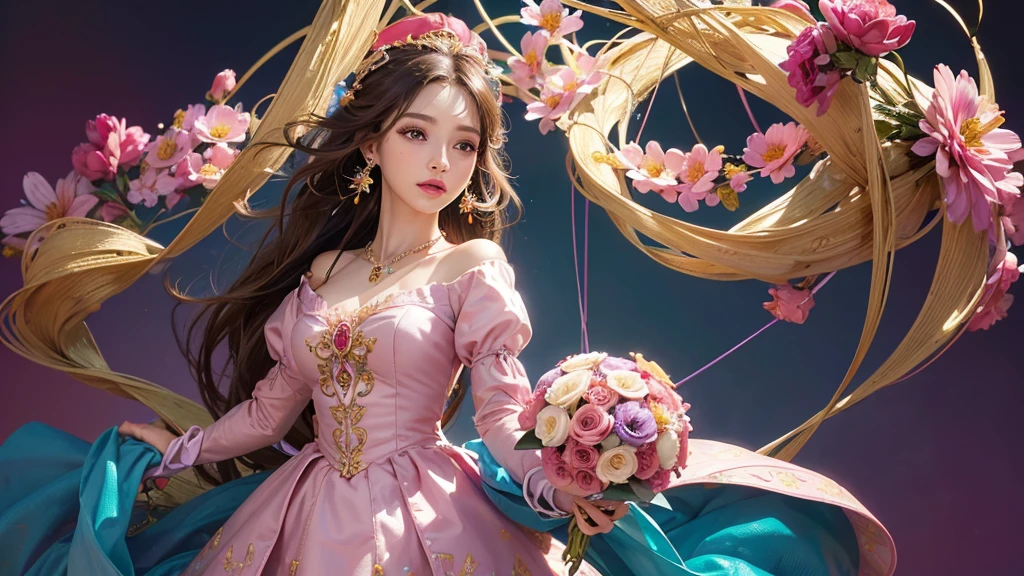 32K, 最高quality, 最高masterpiece, (ultra-Detailed Background, Detailed Background), High resolution, Super detailed, Very detailedな, One girl, (bouquet:1.3), (Tangled:1.2), (Geometric:1.2),(colorful),(masterpiece, quality, best quality, Official Art, Beautiful and beautiful:1.2), (1 girl:1.3), Very detailed,(colorful:1.1)(Flowers:1.3),Most detailed,(Tangled:1.2), whole body, (Abstract background:1.3), (Skin glows), (Many colors:1.4), ,(Earrings Jewelry:1.5), Pink Background,