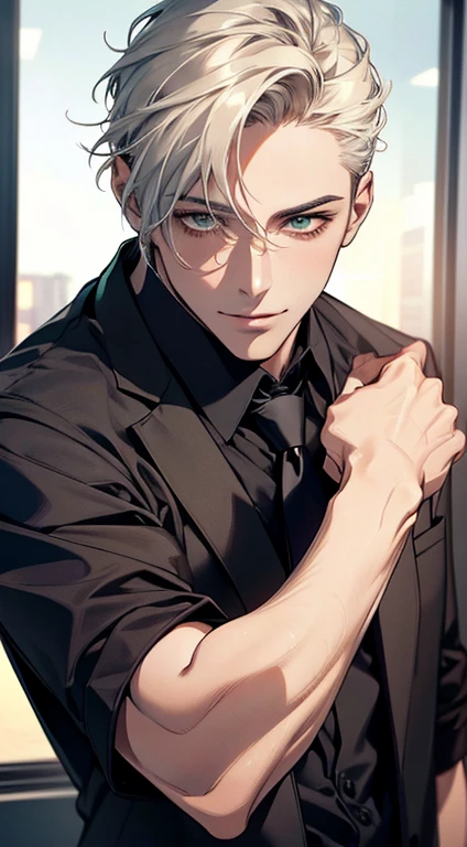 (Highest quality,4K,8K,High resolution,masterpiece:1.2),Super detailed,(Realistic,photoRealistic,photo-Realistic:1.37),1 person,34 years old,Mature Men,Beautiful skin、very handsome,Expressionless smile in love,Short white hair,green eyes,Sharp Eyes,A perfect face without a doubt,Businessman, CEO, Office Background,Cinema Lighting,HDR image,tie、