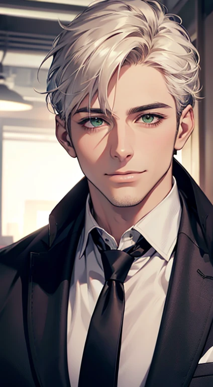 (Highest quality,4K,8K,High resolution,masterpiece:1.2),Super detailed,(Realistic,photoRealistic,photo-Realistic:1.37),1 person,34 years old,Mature Men,Beautiful skin、very handsome,Expressionless smile in love,Short white hair,green eyes,Sharp Eyes,A perfect face without a doubt,Businessman, CEO, Office Background,Cinema Lighting,HDR image,tie、