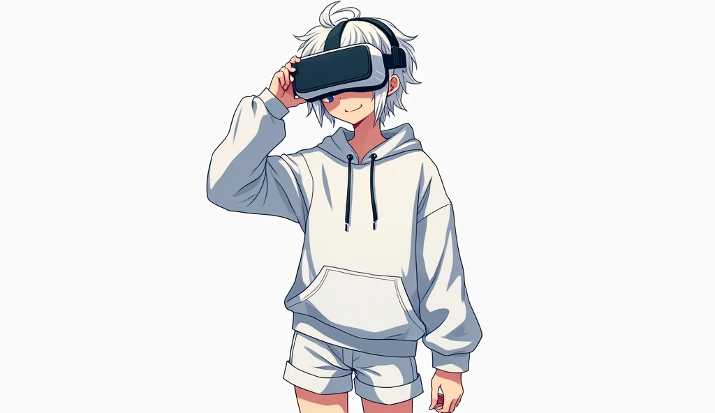 White-haired Japanese anime youth, VR Glasses,, White hoodie, White shorts, No tattoos, Beardless, blue eyes