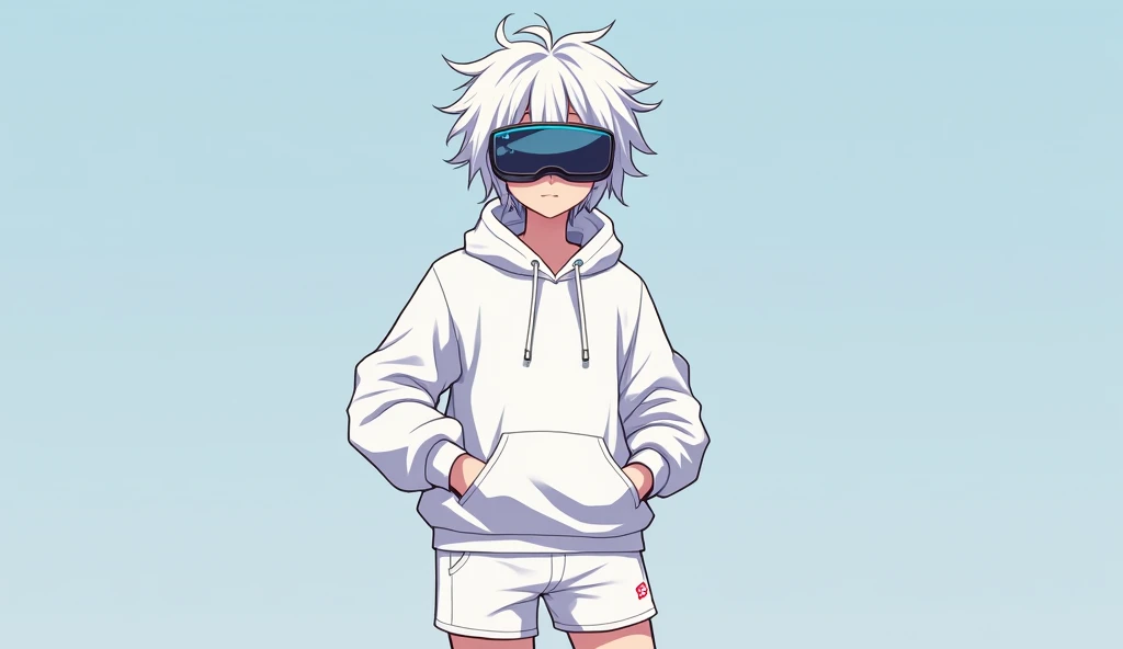 White-haired Japanese anime youth, VR Glasses,, White hoodie, White shorts, No tattoos, Beardless, blue eyes