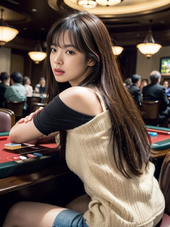 From behind view, 1 girl, female, solo ,beautiful face, Japanese girl ,(middle hair, light brown, fringe, little lip, serious ) play gamble, in casino, sitting play on chair, play Slot machine, ((anatomically correct, textured skin, masterpiece, Highest quality, masterpiece, God-like quality, Godly art, Very realistic))