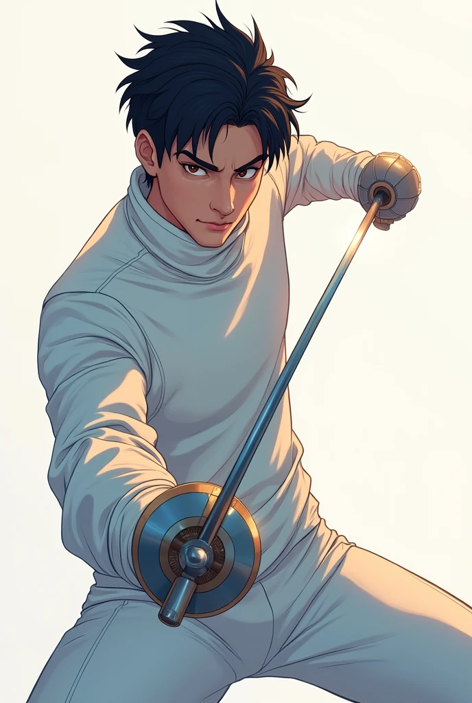 A thin male fencer with black hair showing his face in his 20s in anime style

