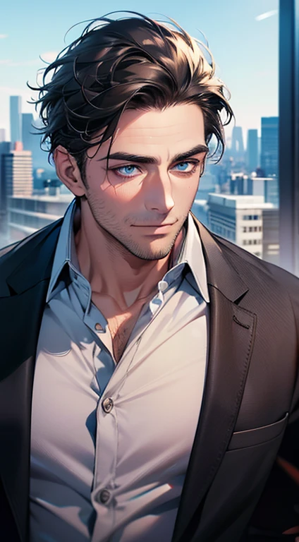 (best quality,4k,8k,highres,masterpiece:1.2),ultra-detailed,(realistic,photorealistic,photo-realistic:1.37),1 man,31 years old,mature man,very handsome,without expression,smile,short grey black hair,blue eyes,penetrating gaze,perfect face without errors,imposing posture,businessman,office background,cinematic lighting,hdr image