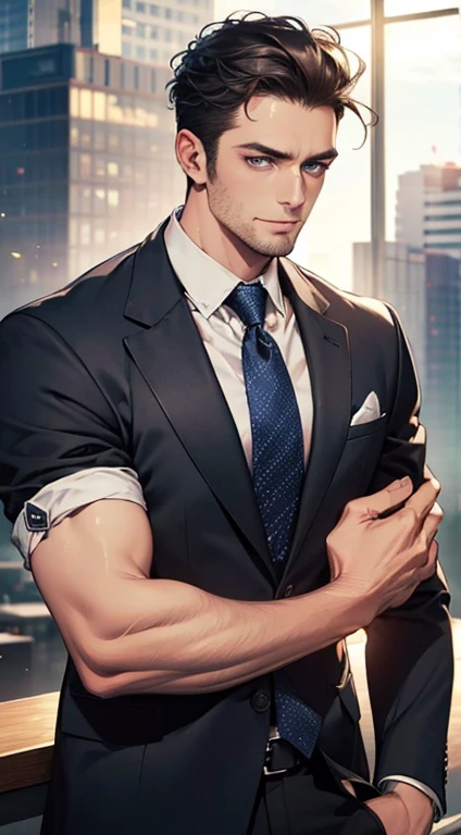 (best quality,4k,8k,highres,masterpiece:1.2),ultra-detailed,(realistic,photorealistic,photo-realistic:1.37),1 man,31 years old,mature man,very handsome,without expression,smile,short grey black hair,blue eyes,penetrating gaze,perfect face without errors,imposing posture,businessman,office background,cinematic lighting,hdr image