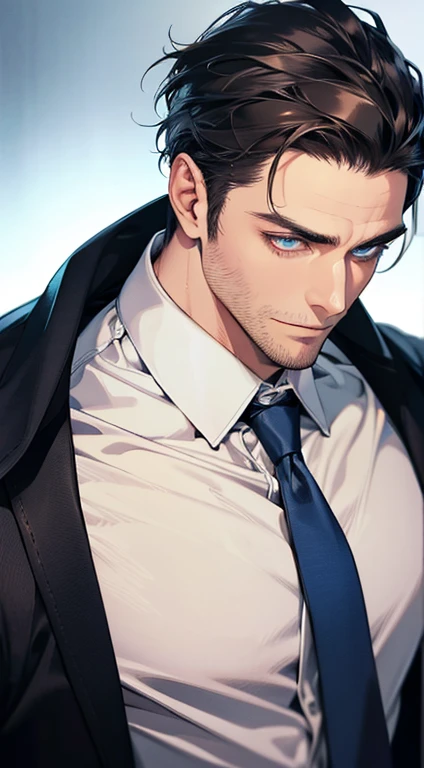 (best quality,4k,8k,highres,masterpiece:1.2),ultra-detailed,(realistic,photorealistic,photo-realistic:1.37),1 man,31 years old,mature man,very handsome,without expression,smile,short grey black hair,blue eyes,penetrating gaze,perfect face without errors,imposing posture,businessman,office background,cinematic lighting,hdr image