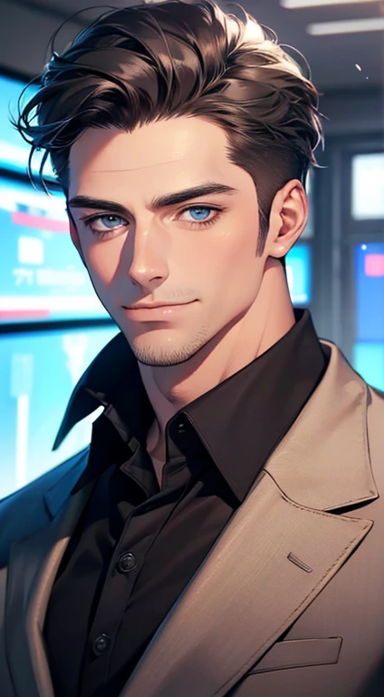 (best quality,4k,8k,highres,masterpiece:1.2),ultra-detailed,(realistic,photorealistic,photo-realistic:1.37),1 man,31 years old,mature man,very handsome,without expression,smile,short grey black hair,blue eyes,penetrating gaze,perfect face without errors,imposing posture,businessman,office background,cinematic lighting,hdr image