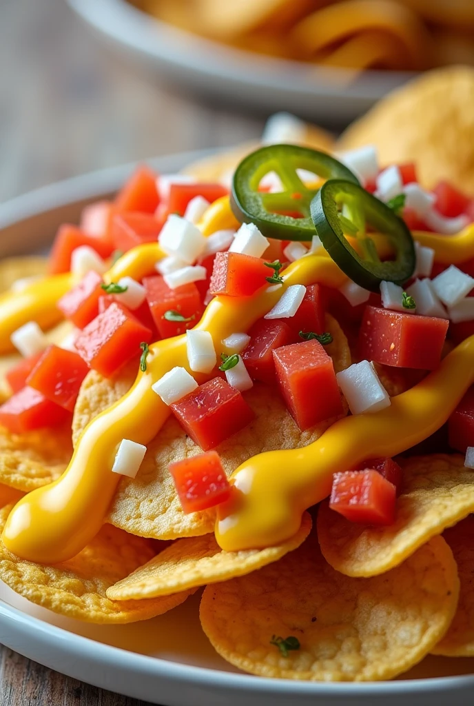 Plate with round nachos topped with diced tomatoes and white onions, seasoned with ketchup and liquid yellow cheese with pickled jalapeños (slices) To decorate