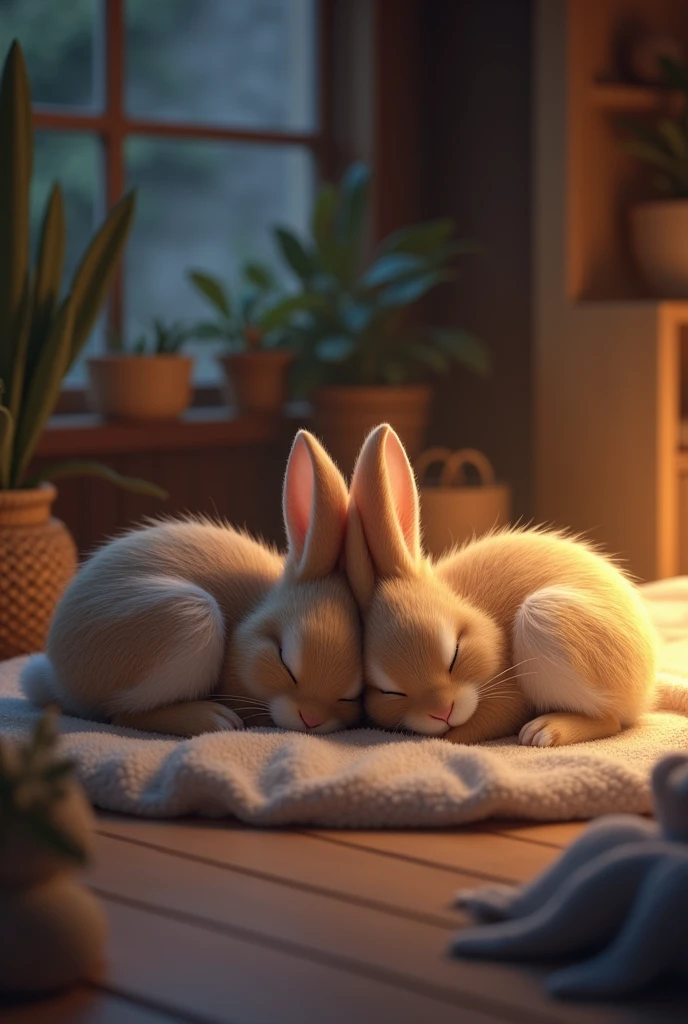 The same 2 bunnies taking a nap in their house at night