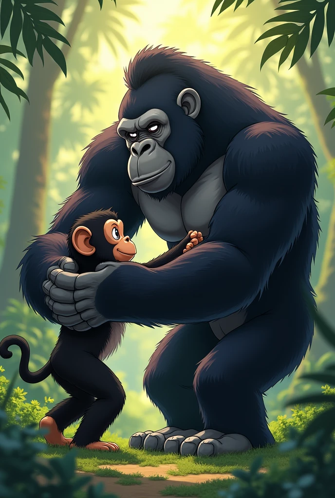 Strong chimpanzee and gorilla greeting each other partnership and friendship anime