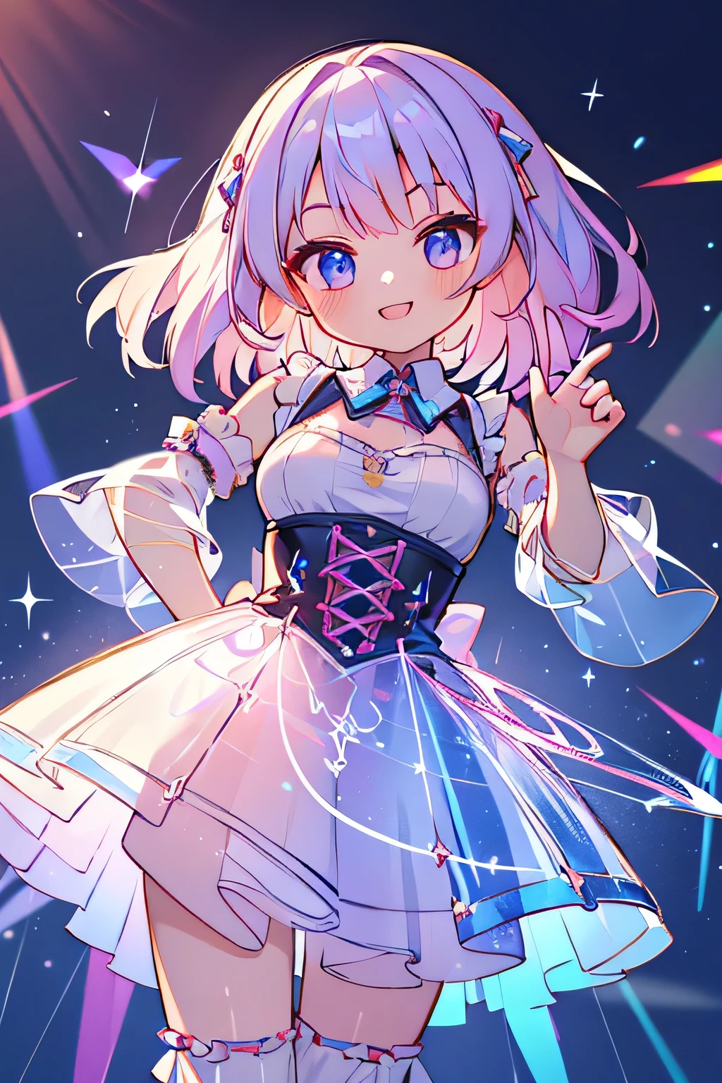 Highest quality、High resolution、Detailed Background、(Beautiful face in every detail:1.4)、Anatomically correct、Detailed facial expressions、Detailed eyes、 beauty、(Highly detailed face:1.4)、Huge breasts、Brightly colored hair、well-groomed eyebrows、colorful stockings、A big smile、Uplifting、Idol Style、Accentuate your breasts、
(A girl in a hologram laser dress smiling and singing on stage:1.5)、
Bright and pop colours、Ruffles and laces、Sleeves and hems of clothing、Ruffles and laces are applied to the collar etc.、Motifs such as hearts、Dresses and skirts、Femininity and cuteness、Hair accessories and ribbons、very beautiful