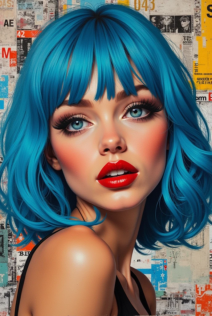 woman with blue hair, in the style of multi-layered collages, edgy street art, celebrity-portraits, cardboard, fragmented icons, realistic hyper-detail, crossed colors --ar 73:111 --stylize 750 --v 6
