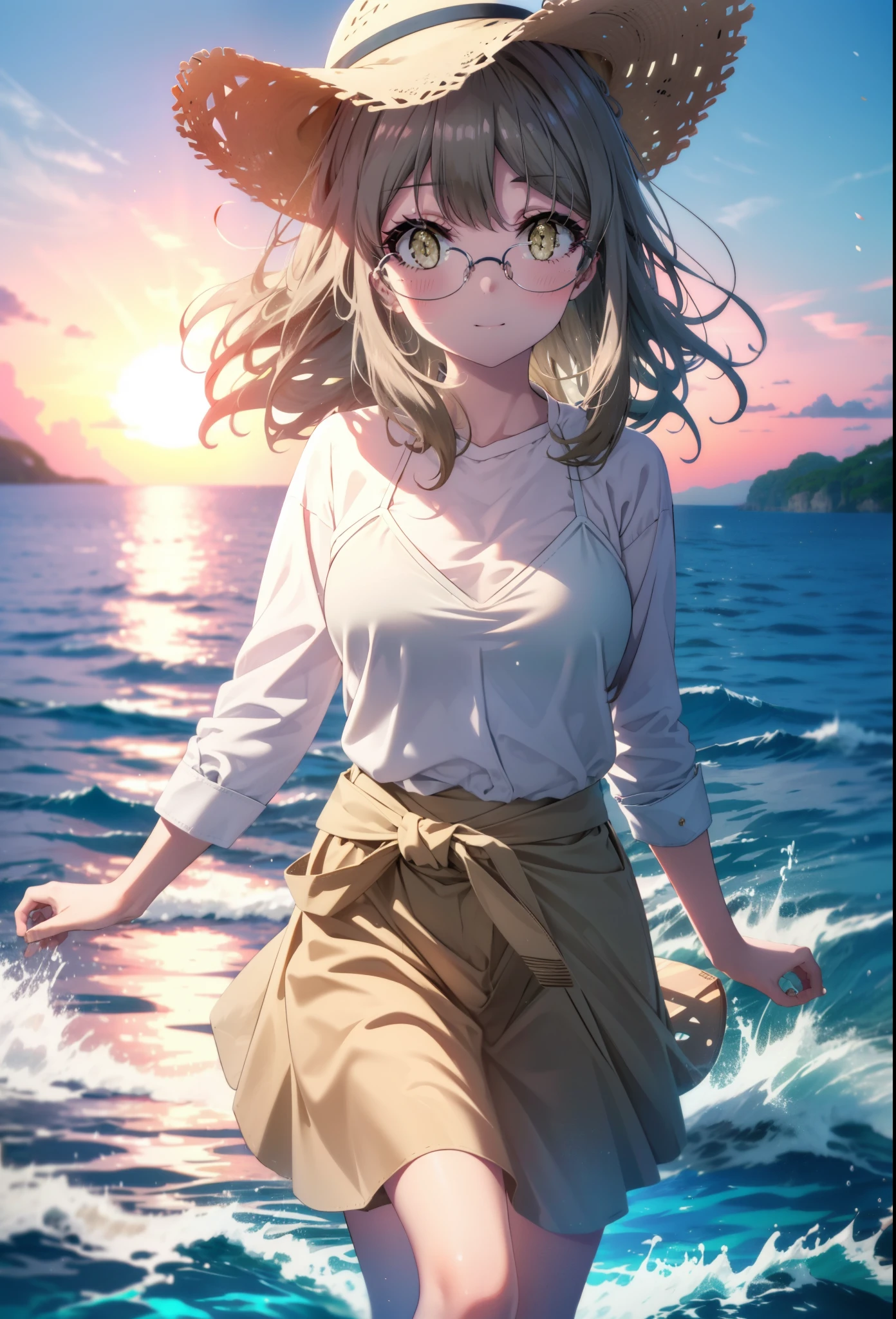 Riofutaba, Rio Futaba, Long Hair, Brown Hair, (Brown eyes:1.5),Big Breasts,smile,blush,Glasses,Straw hat,Black bikini string swimsuit,Belly button,A thin long skirt is wrapped around her waist,barefoot,Sandy Beachを散歩している,morning,morning陽,The sun is rising,whole bodyがイラストに入るように,
break outdoors, Beach,Sandy Beach,
break looking at viewer, whole body,(Cowboy Shot:1.5),
break (masterpiece:1.2), Highest quality, High resolution, unity 8k wallpaper, (figure:0.8), (Beautiful attention to detail:1.6), Highly detailed face, Perfect lighting, Highly detailed CG, (Perfect hands, Perfect Anatomy),