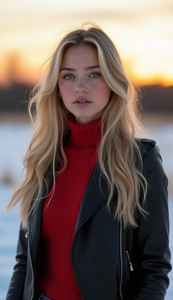 Allie Dunn full body, ultra realistic, meticulously detailed, phot realistic Allie Dunn, blond hair, natural makeup, natural light, natural lighting, natural shadows, no filters, beautiful and detailed eyes, beautiful and detailed face) looking directly to the camera, full body photo, selfie, subtle makeup, stunning full body shot, winter sunset in the background, on a snowy meadow in winter, (wearing jeans, red jumper, black leather jacket:1.2) perfect female body, perfect skin, perfect face.