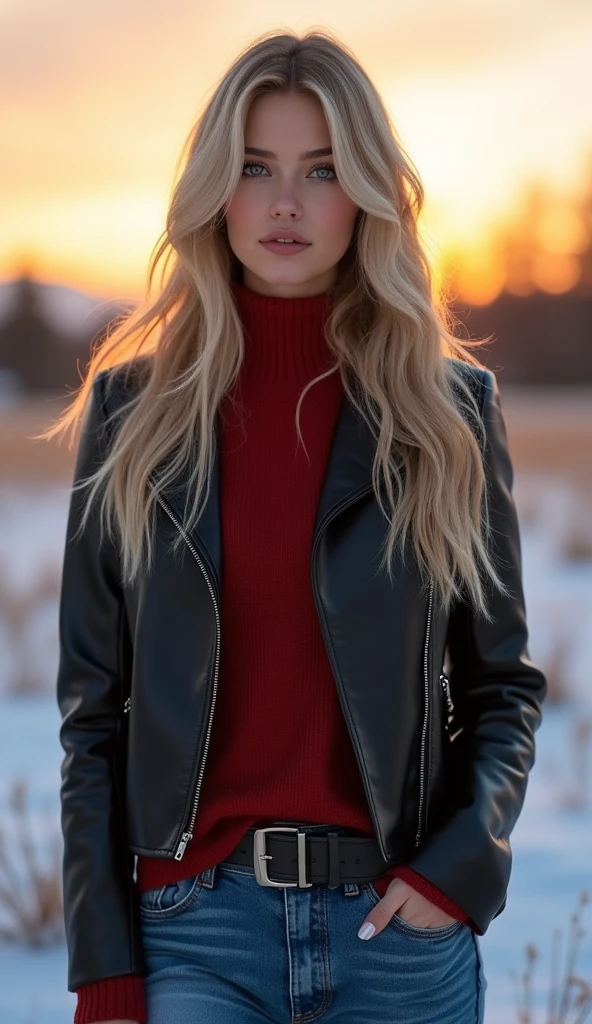 Allie Dunn full body, ultra realistic, meticulously detailed, phot realistic Allie Dunn, blond hair, natural makeup, natural light, natural lighting, natural shadows, no filters, beautiful and detailed eyes, beautiful and detailed face) looking directly to the camera, full body photo, selfie, subtle makeup, stunning full body shot, winter sunset in the background, on a snowy meadow in winter, (wearing jeans, red jumper, black leather jacket:1.2) perfect female body, perfect skin, perfect face.