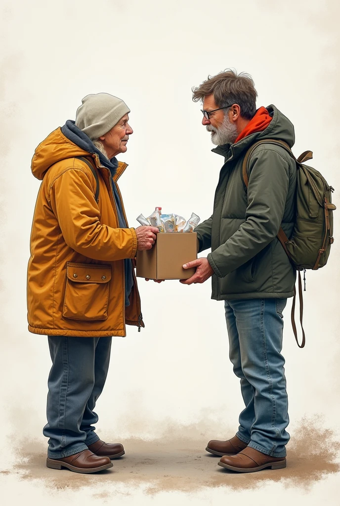 Drawing of a homeless person receiving a lunch box