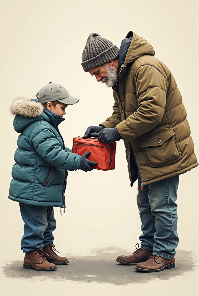 Drawing of a homeless person receiving a lunch box