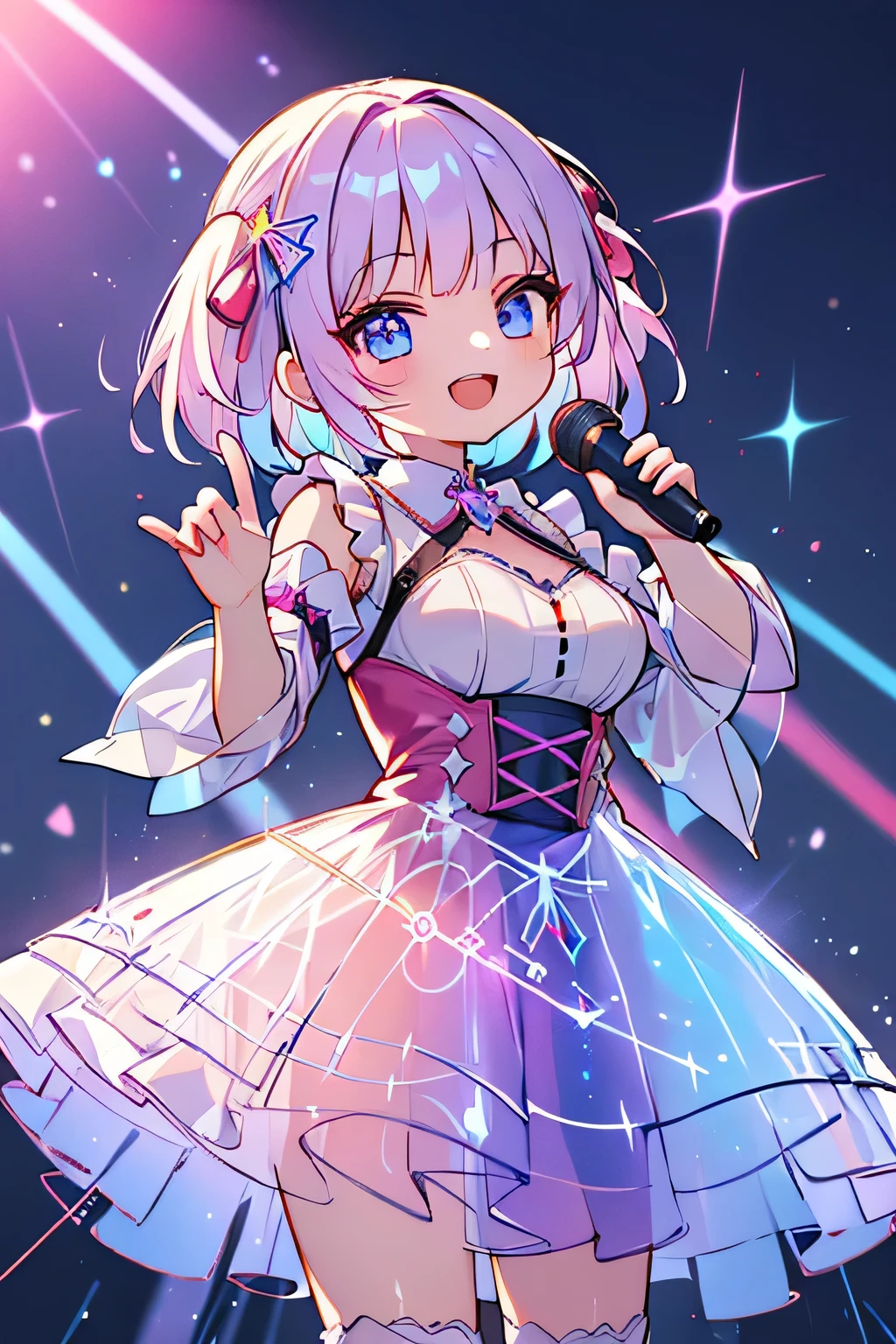 Highest quality、High resolution、Detailed Background、(Beautiful face in every detail:1.4)、Anatomically correct、Detailed facial expressions、Detailed eyes、Teenage beauty、(Highly detailed face:1.4)、Huge breasts、Brightly colored hair、well-groomed eyebrows、colorful stockings、A big smile、Uplifting、Idol Style、Accentuate your breasts、
(A girl in a hologram laser dress smiling and singing on stage:1.5)、
Bright and pop colours、Ruffles and laces、Sleeves and hems of clothing、Ruffles and laces are applied to the collar etc.、Motifs such as hearts、Dresses and skirts、Femininity and cuteness、Hair accessories and ribbons、very beautiful