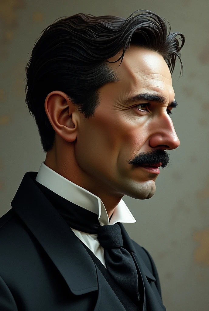 Make an image of nikola tesla thinking only his portret included do it better make it in profile