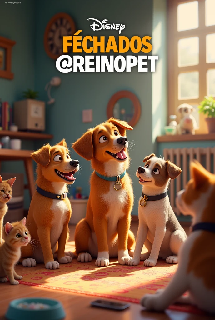 A Disney pixar-inspired movie poster with title " Fechados com o grupo @OREINOPET ".a groupa of dogs and cats .This scene should be in the distinct digital ART style of pixar