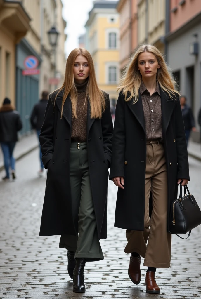 Make me two women walking in the streets of Lithuania