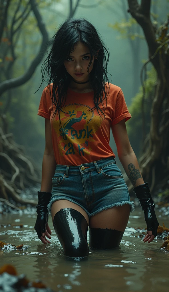 girl in (fetishistic black rubber stockings) and denim cut-offs and colored t-shirt stuck in bog