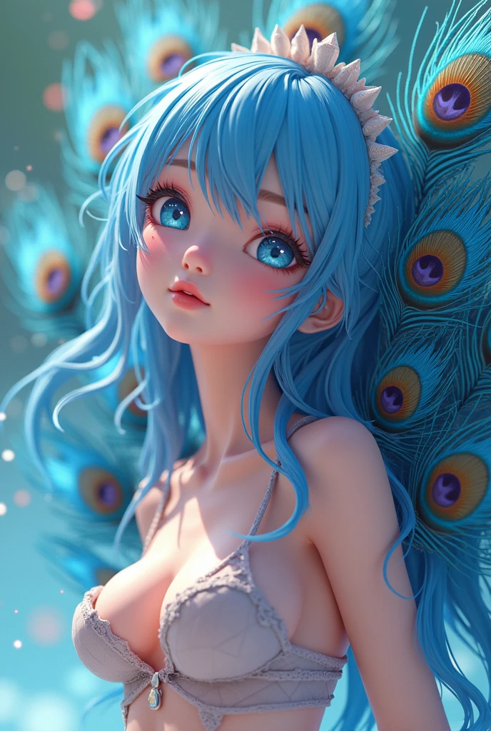 Girl with blue-pink hair and peacock feathers naked, inspired by Nari Hiko-kun, cgsociety, 🌺 anime style. 8 K, anime style 3D, popular on CGSTATION, 8 K high quality detail art, Works in the style of Gouves, fantasy art style, realistic anime 3d style, anime inspiration, anime style mixed with Fujifilm