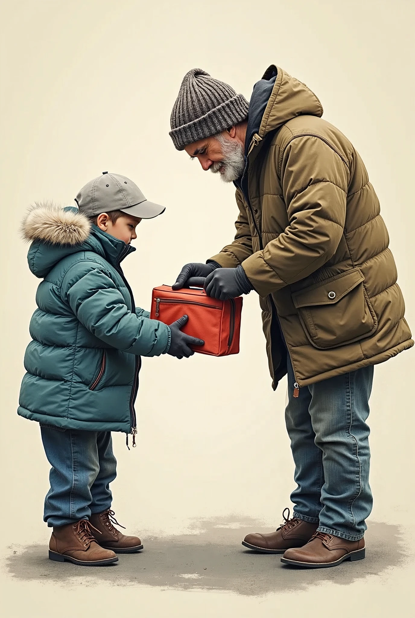 Drawing of a homeless person receiving a lunch box