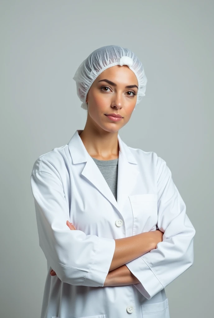 female nutritionist with hair all covered with a white cap and dressed in a lab coat, very professional profile facing forward with arms crossed