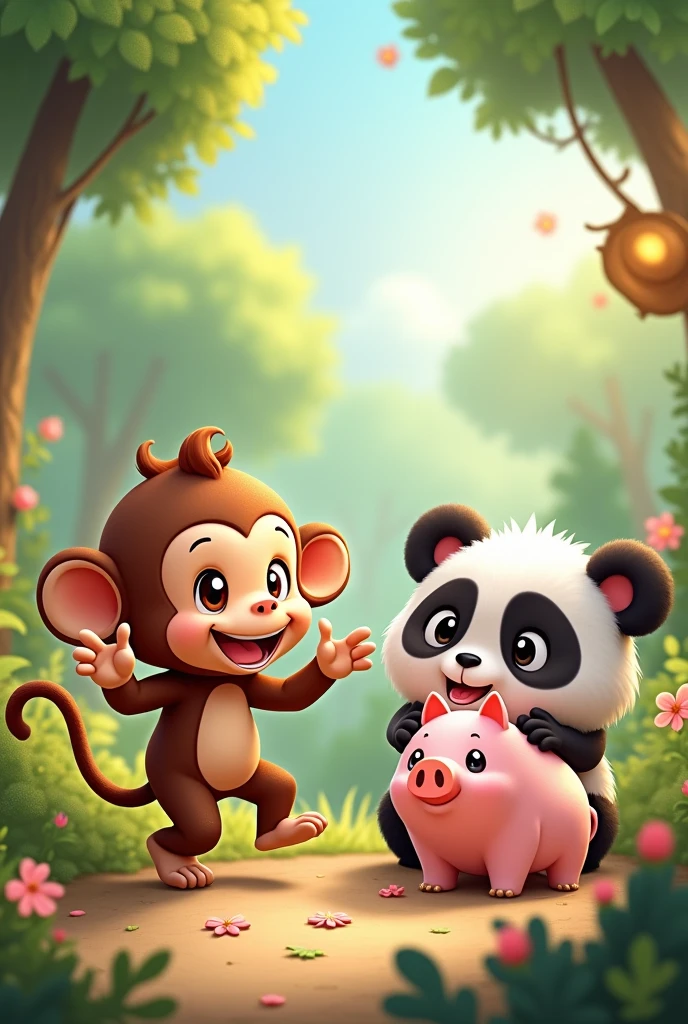 A little monkey, a panda and a little pig