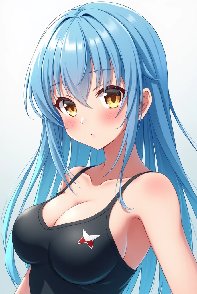 Girl with waist-length light blue hair with metallic blue tips and bangs to the sides, He has round-shaped golden eyes., blemish-free skin with a light color with pink undertones, She has a voluptuous and curvy body. Haikyuu drawing style.