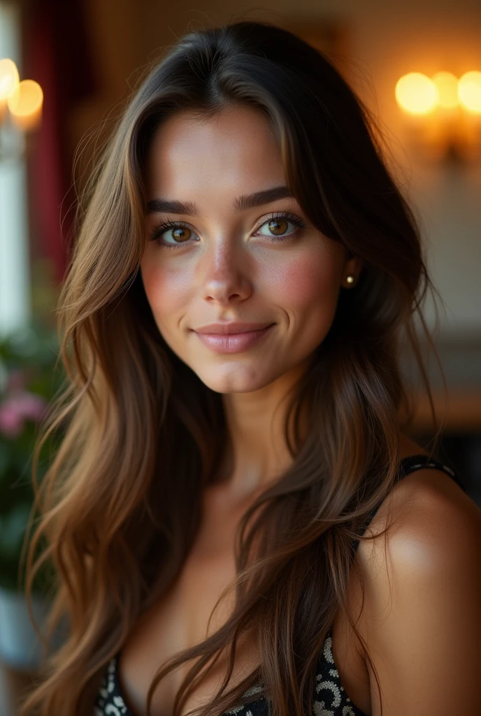 Un portrait photo réaliste d'une jeune fille de 19 ans avec de longs cheveux brun ondulants et des yeux noir captivants et intense. Elle doit afficher une expression naturelle et accueillante, illuminée par la douce lumière dorée de la "golden hour". L'arrière-plan devrait être un cadre intérieur pittoresque et élégant. Capturez cette image en haute résolution avec un objectif de 85 mm pour une perspective flatteuse.