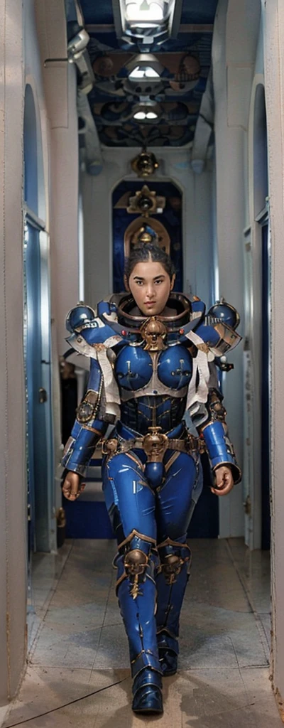 portrait of a beautiful brunette Christina Chong beautiful face, narrowed eyes. smirk. black braided hair with narrowed eyes, adepta sororitas as an astronaut, hair in tight updo, d3m1r0s3, (wearing blue spacesuit:1.2), in a space station hallway,,,, hard shadows, masterpiece, intricate details, Preparing
