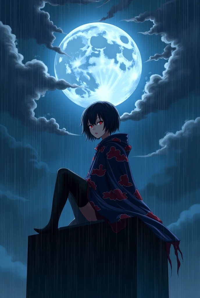 create an image of an anime woman sitting on top of a building, with a sadic expression on her face, short hair hiding her eyes and an long blue akatsuki clothe, but with blue clouds instead of red and a pair of black stockings completely covering your legs, under the heavy rain and a full moon with several clouds around. 