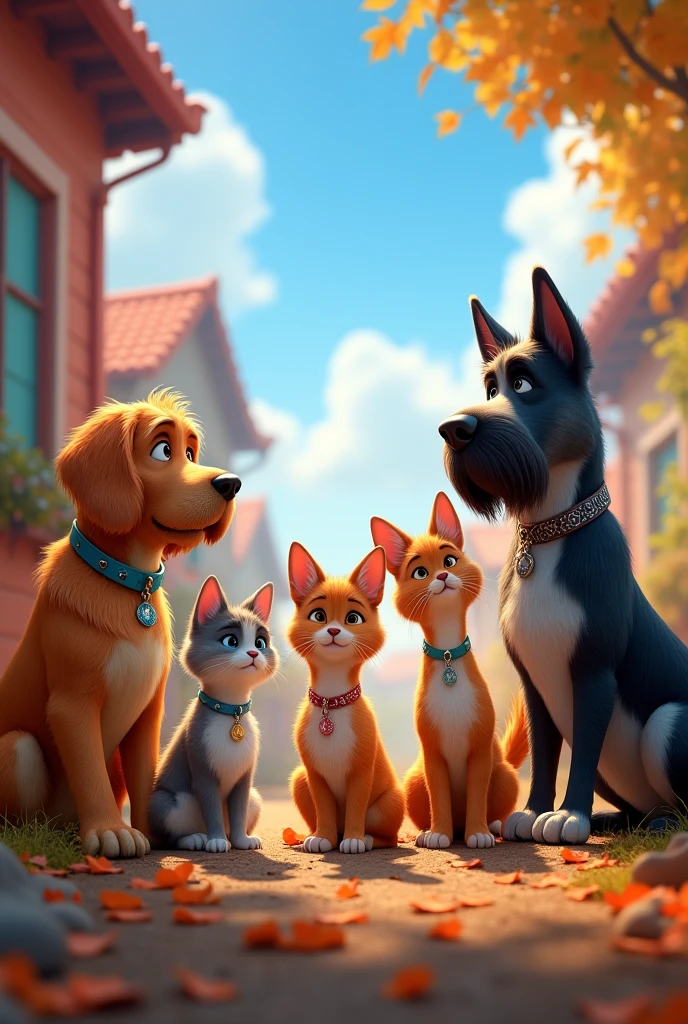 A Disney pixar-inspired movie poster with title " Fechados com o grupo @OREINOPET ".a groupa of dogs and cats .This scene should be in the distinct digital ART style of pixar