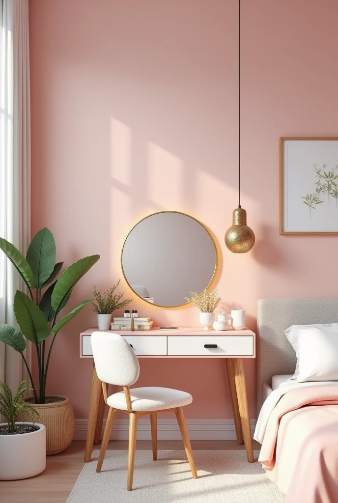 I would like an image of a modern female bedroom with pink walls and a modern dressing table and white furniture. 