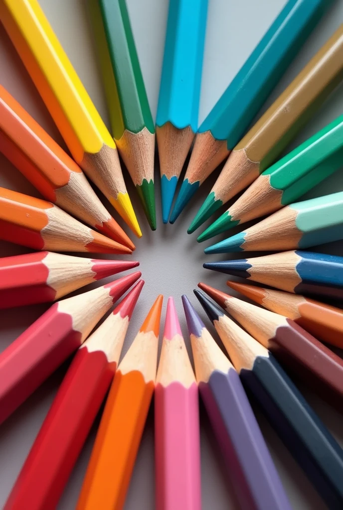 A hyper-realistic photograph of a perfectly organized set of colored pencils arranged in a radial pattern. Each pencil is meticulously aligned with its neighbors, forming a continuous and symmetrical circle. The pencil colors transition smoothly from one to another, creating a harmonious and visually pleasing gradient. The background is a soft, neutral color., highlighting the vividness of the pencil colors. Soft natural lighting highlights the texture of the wood and the subtle shine of the sharp pencil tips, creating a sense of calm and extreme visual satisfaction." 