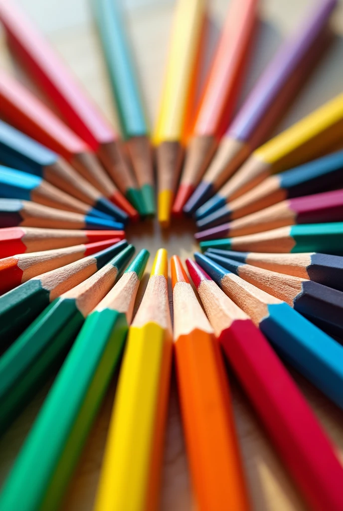 A hyper-realistic photograph of a perfectly organized set of colored pencils arranged in a radial pattern. Each pencil is meticulously aligned with its neighbors, forming a continuous and symmetrical circle. The pencil colors transition smoothly from one to another, creating a harmonious and visually pleasing gradient. The background is a soft, neutral color., highlighting the vividness of the pencil colors. Soft natural lighting highlights the texture of the wood and the subtle shine of the sharp pencil tips, creating a sense of calm and extreme visual satisfaction."