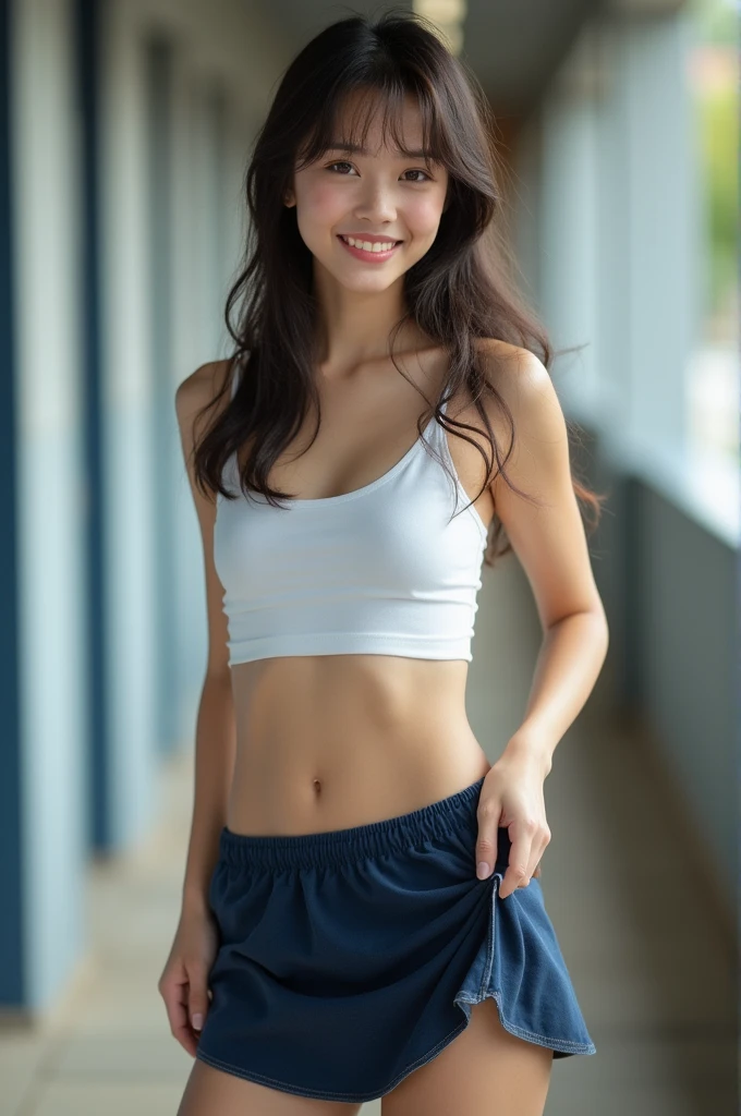 (highest quality masterpiece 1.2)Young beautiful girl 16k,100mm, official raw photos, baby face, dressed big breasts, show your ears, photo shoot, thigh cute face, after school looking at the audience, stunning, smiling, no makeup, rough film, chromatic aberration, face light, sharp focus, clear lighting, ten generations of facial details, background bokeh,((((((16 year old high school girl)))))) then waist suit.solor, dark blue mini skirt, lift her skirt with one & #39, give me a little white panties, open your wet ???? tool.