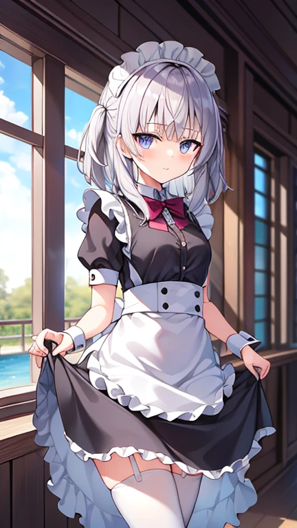 1 girl, , alone, lift your legs, 长长的hair, skirt, white_hair, maid_have, clock_Please step back, clock_Location_Looking at the audience, 前hairを通して, black_lift your legs, Blushed, black_skirt, He is himself, short_sleeve, Clothes_lift, wrist_Arm cuffs, Deco, skirt_lift, not a big deal_, lifted_past_Manifest yourself, The translucent liquid_Location后面, maid, fluffy_short_sleeve, Side Lock, fluffy_sleeve, crop_superior, dull_前hairを通して, , awaGo outh, not a big deal腿, black_have眼睛, chair, Kneel, Frills_skirt, _Go out, Location室内, window,