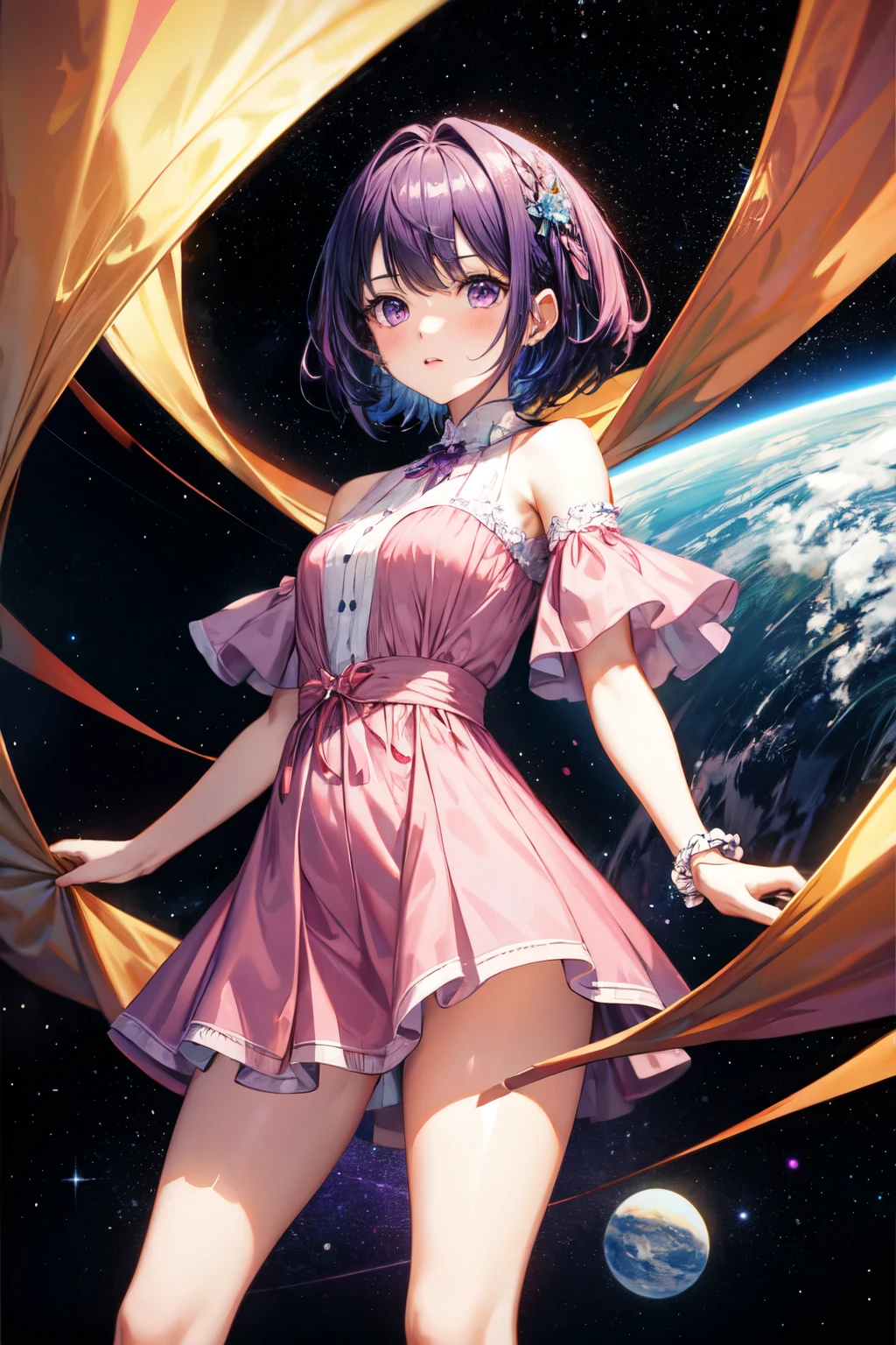 Girl with short purple hair in pink dress, purple space background, Ultra-high image quality