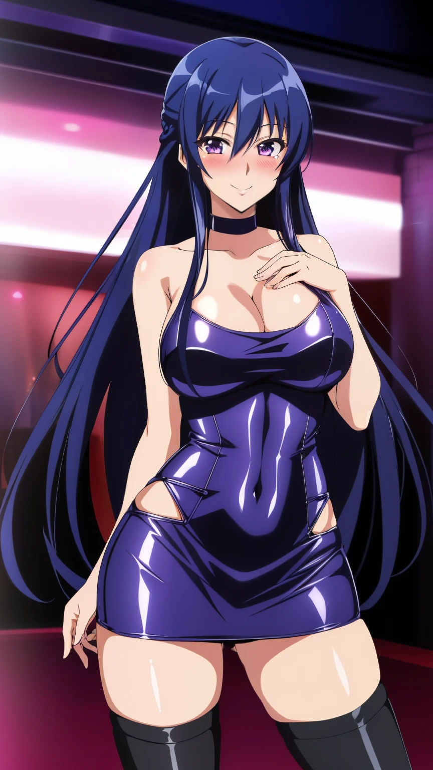 (highest quality, masterpiece, 8k:1.2), anime art style, ultra-high resolution, hyper detail, rinko, one girl, 20 years, adult woman, purple eyes, Black blue hair, Absurdly Long Hair, Large medium breasts, (bodycon, microdress, blushing, nightclub, smile:1.2), (cleavage:1.0), sexy pose, Cowboy shot,