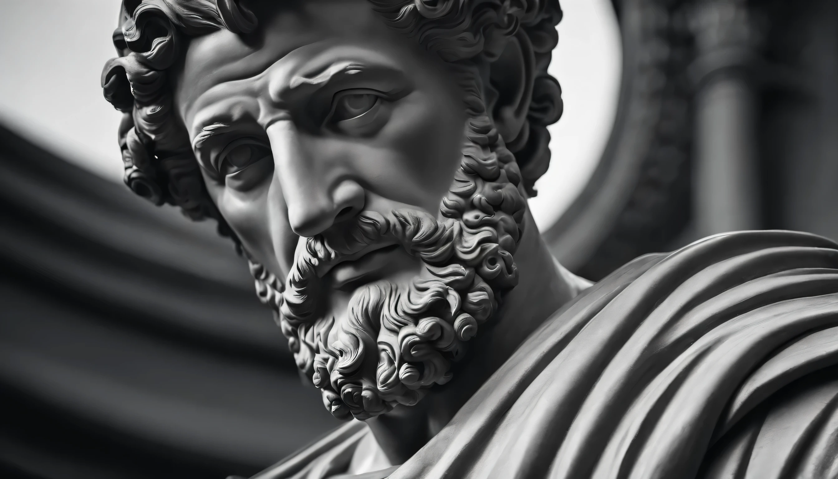 a portrait statue of the stoic Marcus Aurelius in black and white 4K,Face lateral, super realistic wallpaper