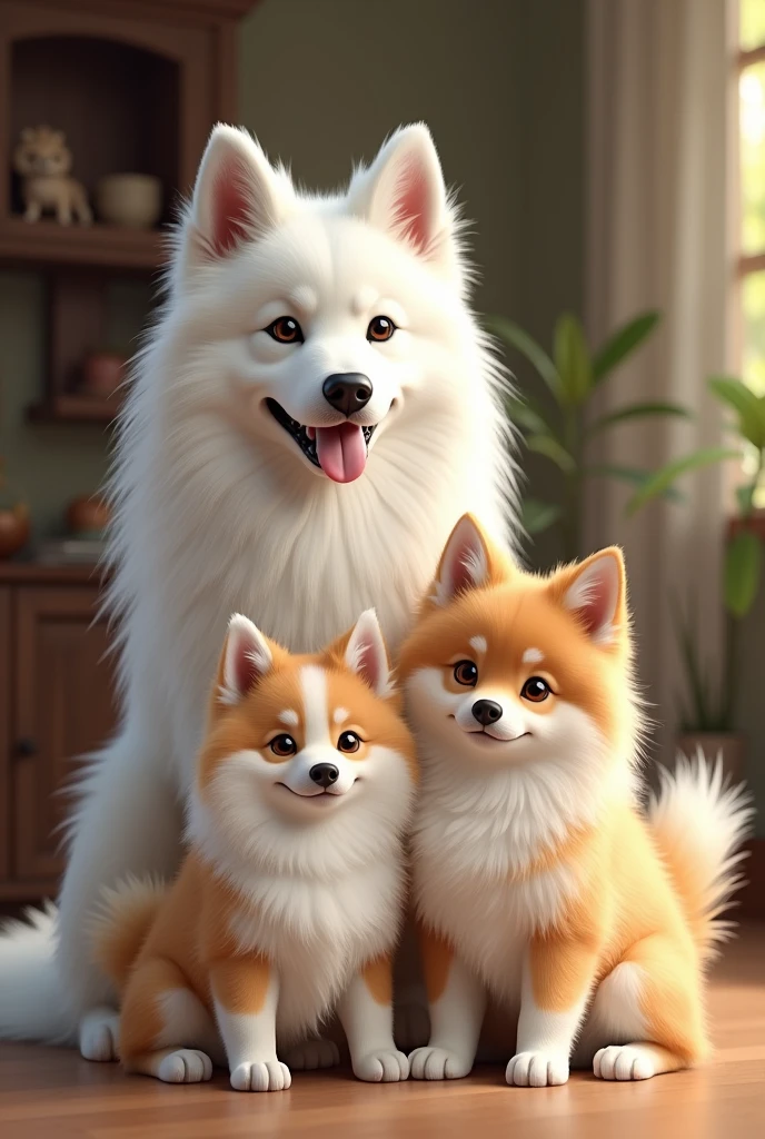 An adult white German Spitz, two white and caramel German spitz females and a white and black male German spitz puppy