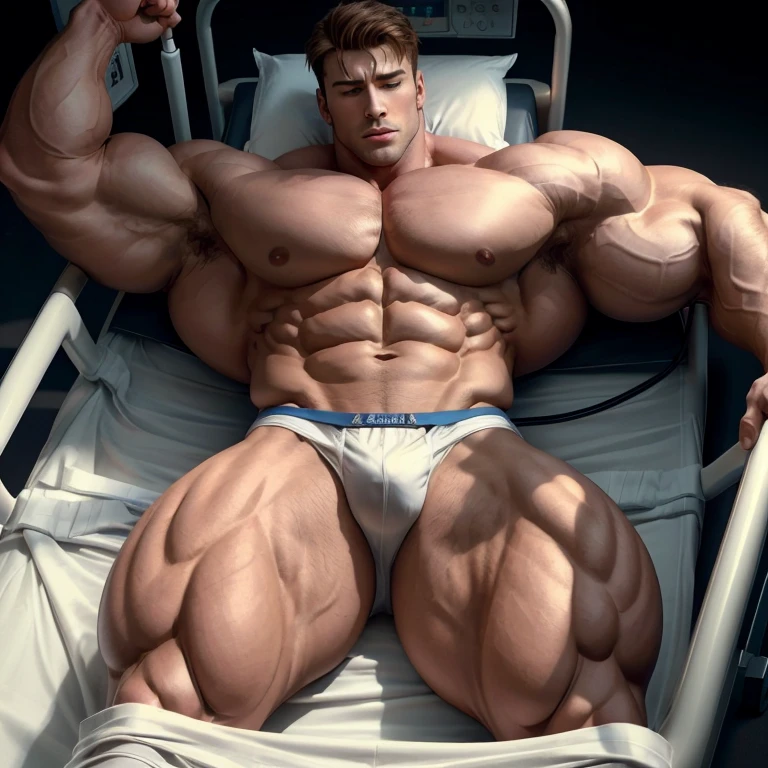 MCAmerica, a very handsome young man, eyes closed, shirtless wearing white underwear, exaggeratedly muscular, exaggeratedly huge muscles, lying on a hospital stretcher, seen from above on a black background