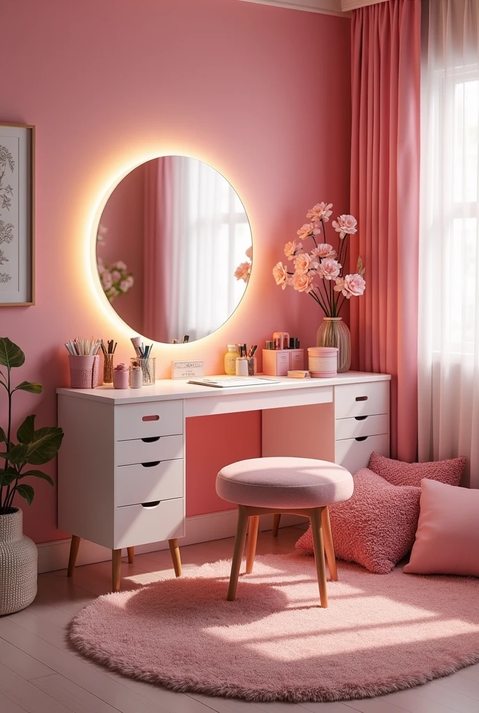 I would like a picture of a modern girl's bedroom with pink walls and a modern vanity.
