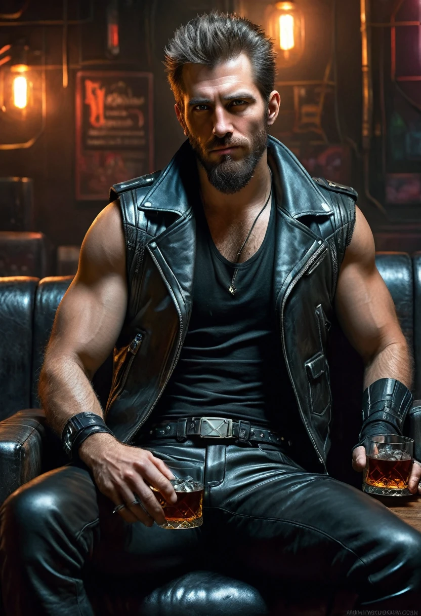 Hyperrealistic art 1man,age:35,hairy body,leather vest and leather pants,sitting in a cyberpunk room,holding a whiskey glass,sultry,exuding homoerotic energy,hyper realistic,photograph,soft lighting, . Extremely high-resolution details, photographic, realism pushed to extreme, fine texture, incredibly lifelike