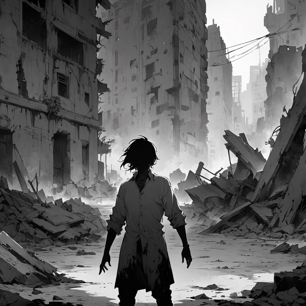 greyscale, monochrome, 1boy, solo, male focus, standing, building, blood, outdoors, ruins, outstretched arms, shadow