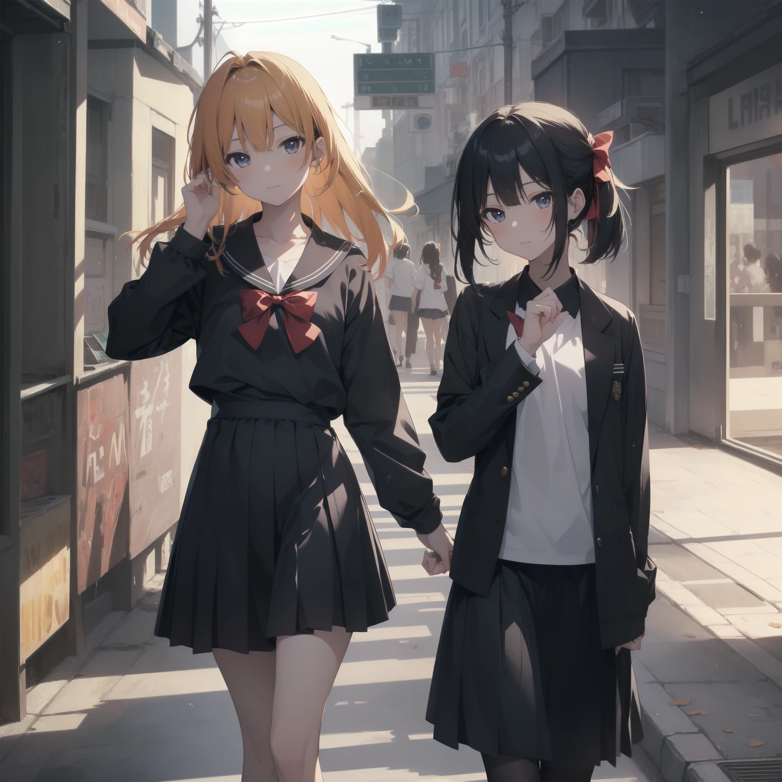 ultra-absurdres-Top quality by artist God, ultra-detailed, high resolution, anime moe artstyle, best anime 8k konachan wallpaper, pixiv contest winner, pool:2810, perfect anatomy,break, 1girl, (Please draw a girl walking sleepily to school alone. )break,(Solo,little female, 13-year-old:1.3),Full limbs, complete fingers,a junior high school student, (very short hair), short cut, flat chest, , small butt, small black eyes, beautiful detailed eyes, well-proportioned iris and pupils, expressive eyes, highres detailed hair, soft expression, salor school_uniform, sailor collar, serahuku, bow, pleated skirt,(Detailed Lighting), (Detailed background), in the School commute route. break,super detailed skin, Best cinematic lighting powered by famous artist, 8k,beauty illustration,photoshop_(medium),very aesthetic,break,((artist:yd_(orange_maru) )), artist:clamp ,artist:carnelian ,artist:kantoku ,