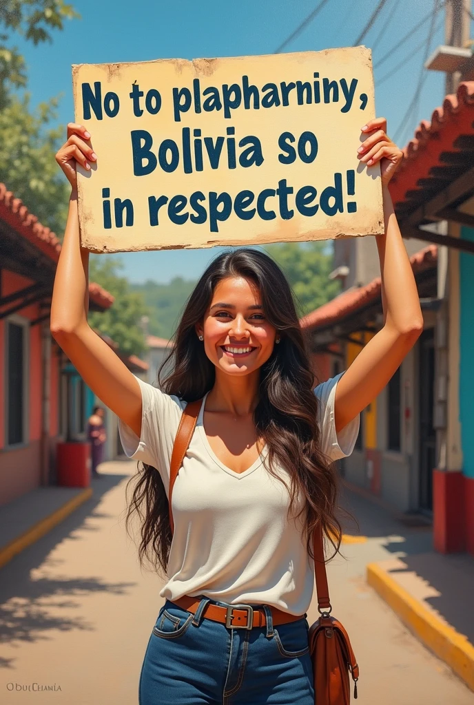 a beautiful and cute woman holding a sign "No to plagiarism, Bolivia is respected", happy, happy, animated illustration, photorealistic, oil painting